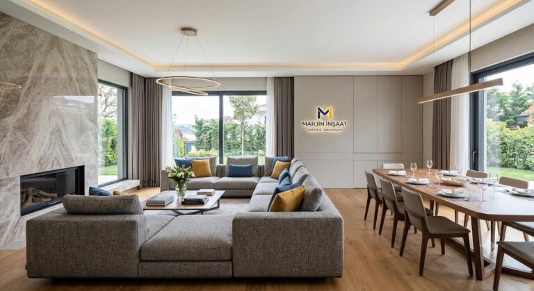 Marjin İnşaat tarafından Kocaeli'de tamamlanan modern salon ve yemek odası tadilat dekorasyon projesi.