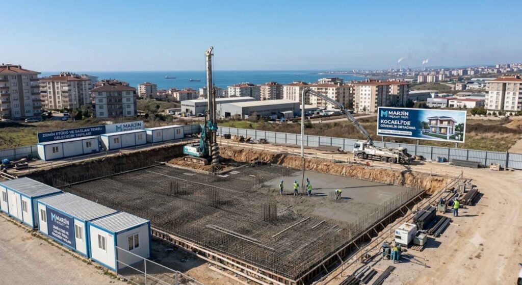Kocaeli inşaat firmaları arasında öne çıkan Marjin İnşaat'ın deniz manzaralı anahtar teslim şantiye alanı ve temel atma çalışmaları.