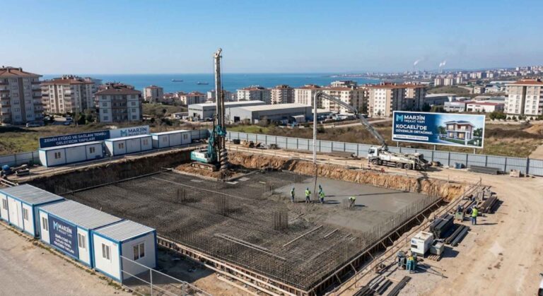 Kocaeli inşaat firmaları arasında öne çıkan Marjin İnşaat'ın deniz manzaralı anahtar teslim şantiye alanı ve temel atma çalışmaları.