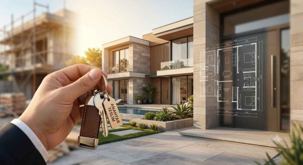 Modern anahtar teslim villa projesi, mimari plan çizimi ve teslim edilen ev anahtarı